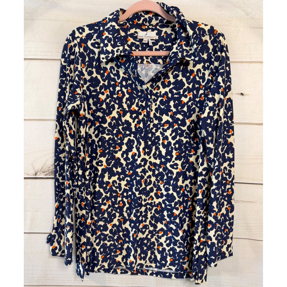 Jude Connally Womens‎ Large Navy Blue Orange Abstract Print Long Sleeve Polo Top